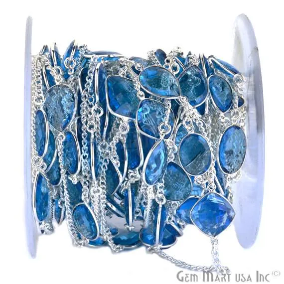 GemmartUSA Rings Blue Topaz 15mm Silver Plated Bezel Link Connector Chain