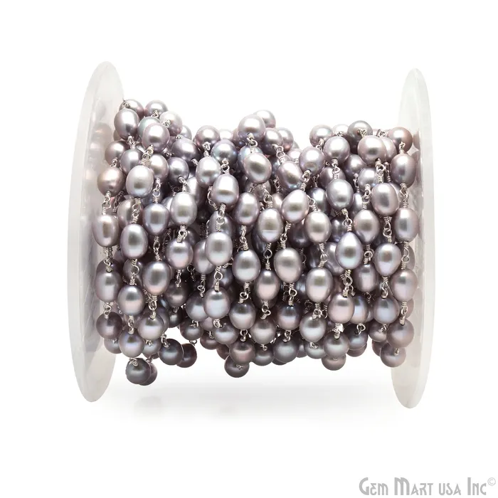 GemMartUSA Rings Gray Pearl Free Form Beads 1015mm Silver Wire Wrapped Rosary Chain GemMartUSA Rings Gray Pearl Free Form Beads 1015mm Silver Wire Wrapped Rosary Chain