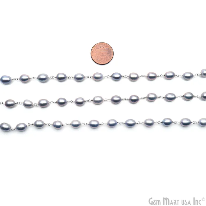 GemMartUSA Rings Gray Pearl Free Form Beads 1015mm Silver Wire Wrapped Rosary Chain