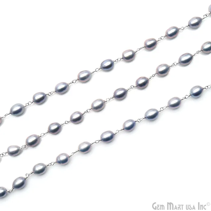 GemMartUSA Rings Gray Pearl Free Form Beads 1015mm Silver Wire Wrapped Rosary Chain