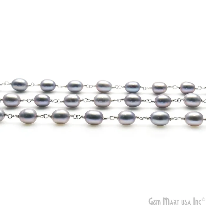 GemMartUSA Rings Gray Pearl Free Form Beads 1015mm Silver Wire Wrapped Rosary Chain