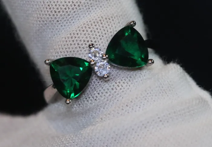 Green Diamond Ring Womens Ribbon Ring Big Green Diamond Ring Green Gemstone Ring Womens Diamond Bow Ring Diamond Ribbon Ring Lab Diamonds London Rings