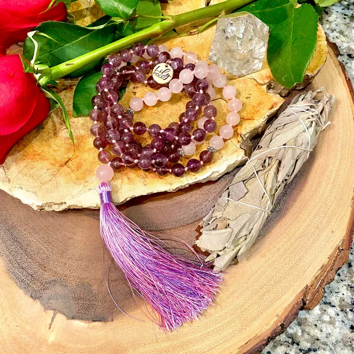 Lily Rose Jewelry Necklaces Amethyst Rose Quartz Love 108 Hand Knotted Mala with Tassel Necklace