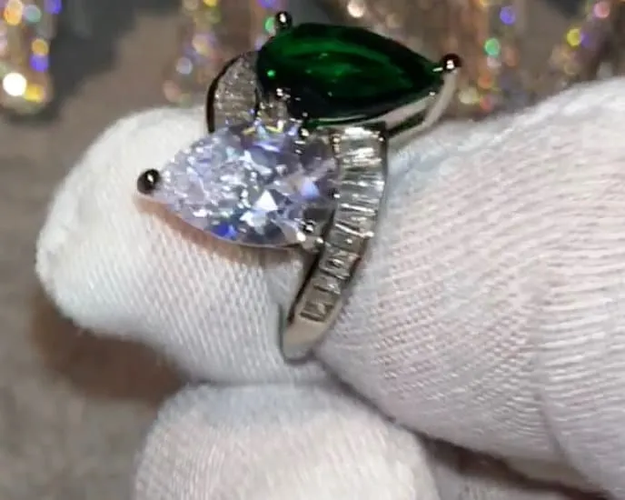 Minx London Rings Teardrop Engagement Ring Teardrop Ring Green Diamond Rings Womens Green Diamond Ring Emerald Engagement Ring Baguette Ring
