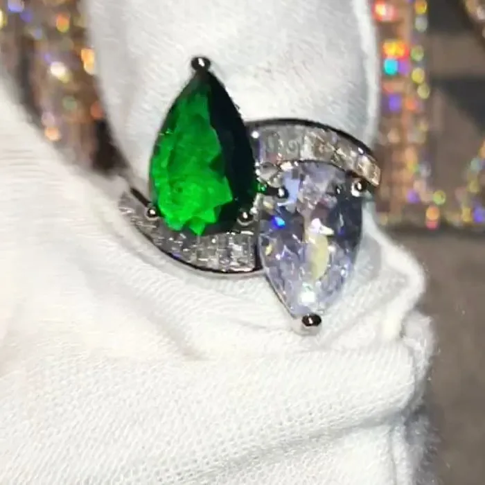 Minx London Rings Teardrop Engagement Ring Teardrop Ring Green Diamond Rings Womens Green Diamond Ring Emerald Engagement Ring Baguette Ring