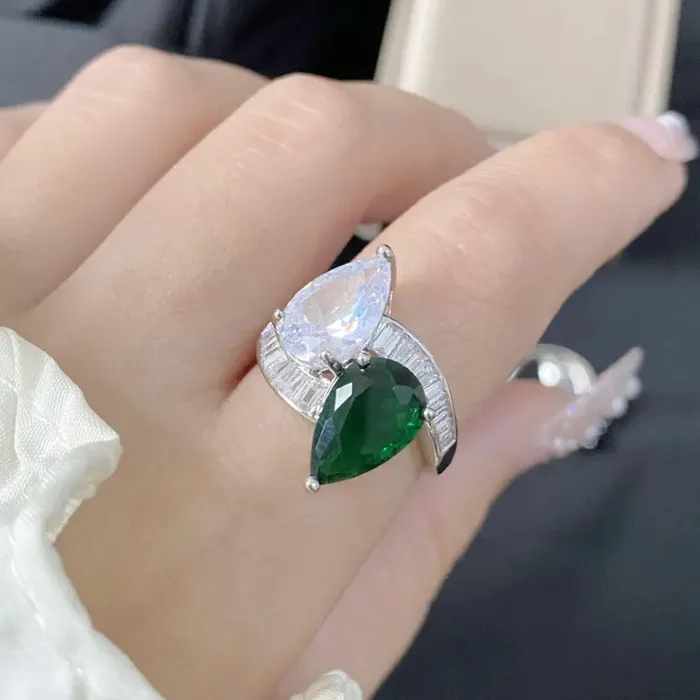 Minx London Rings Teardrop Engagement Ring Teardrop Ring Green Diamond Rings Womens Green Diamond Ring Emerald Engagement Ring Baguette Ring