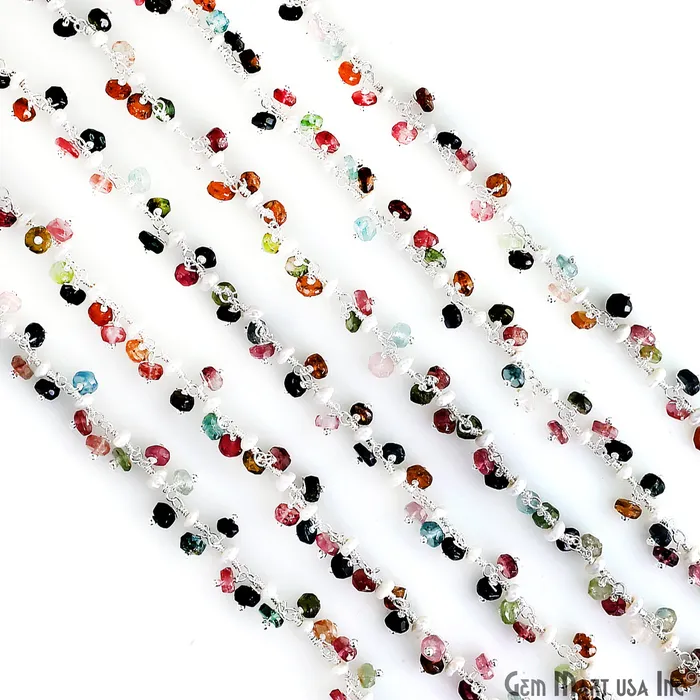 Multi Tourmaline Pearl Beads Silver Plated Cluster Dangle Chain GemMartUSA Rings