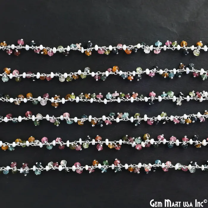Multi Tourmaline Pearl Beads Silver Plated Cluster Dangle Chain GemMartUSA Rings