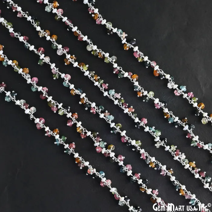 Multi Tourmaline Pearl Beads Silver Plated Cluster Dangle Chain GemMartUSA Rings