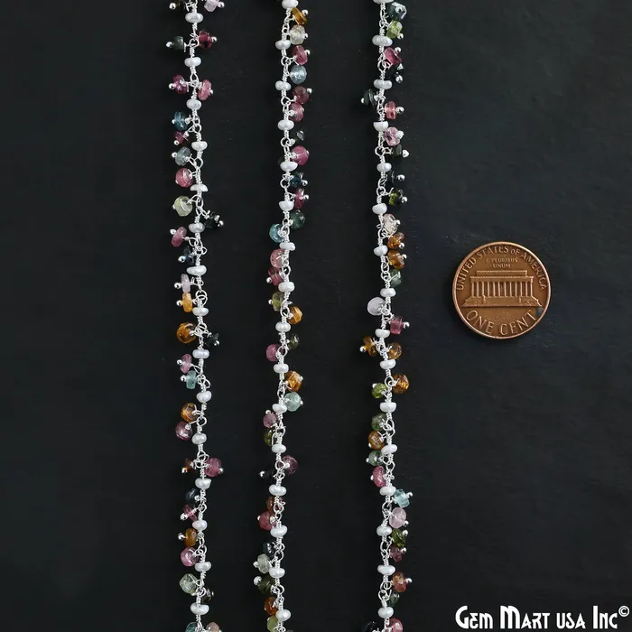 Multi Tourmaline Pearl Beads Silver Plated Cluster Dangle Chain GemMartUSA Rings