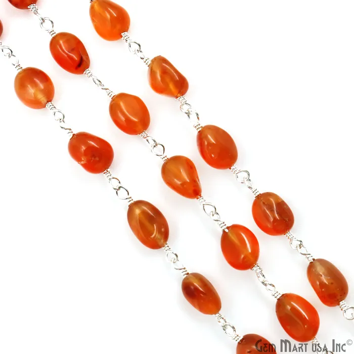 Necklaces GemMartUSA Carnelian Tumble Beads 8x5mm Silver Plated Gemstone Rosary Chain