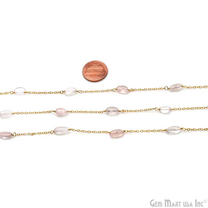 Necklaces GemMartUSA Rose Quartz Tumble Beads 10x6mm Gold Wire Wrapped Rosary Chain Necklaces GemMartUSA Rose Quartz Tumble Beads 10x6mm Gold Wire Wrapped Rosary Chain