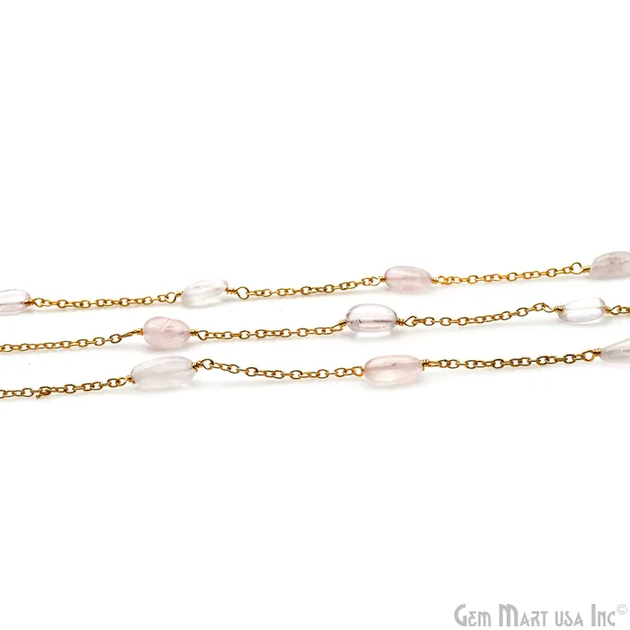 Necklaces GemMartUSA Rose Quartz Tumble Beads 10x6mm Gold Wire Wrapped Rosary Chain Necklaces GemMartUSA Rose Quartz Tumble Beads 10x6mm Gold Wire Wrapped Rosary Chain