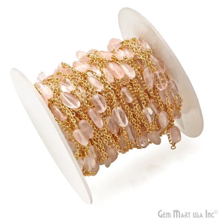 Necklaces GemMartUSA Rose Quartz Tumble Beads 10x6mm Gold Wire Wrapped Rosary Chain Necklaces GemMartUSA Rose Quartz Tumble Beads 10x6mm Gold Wire Wrapped Rosary Chain