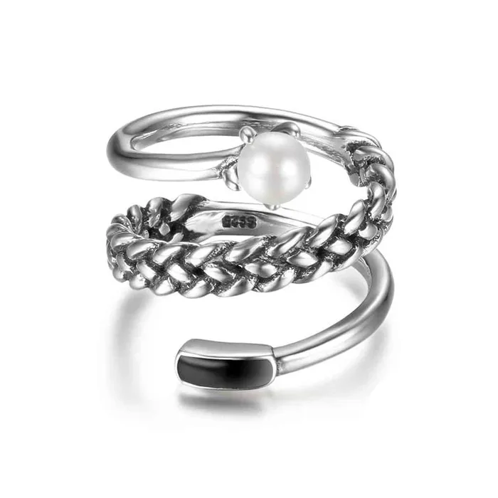 New Women Real 925 Sterling Silver Ring Old Twist Open Ring with Simulated Pearl Vintage Style Jewelry Gift Personalized Jewel Rings