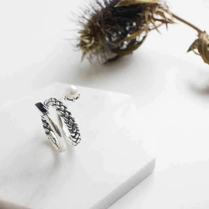 New Women Real 925 Sterling Silver Ring Old Twist Open Ring with Simulated Pearl Vintage Style Jewelry Gift Personalized Jewel Rings