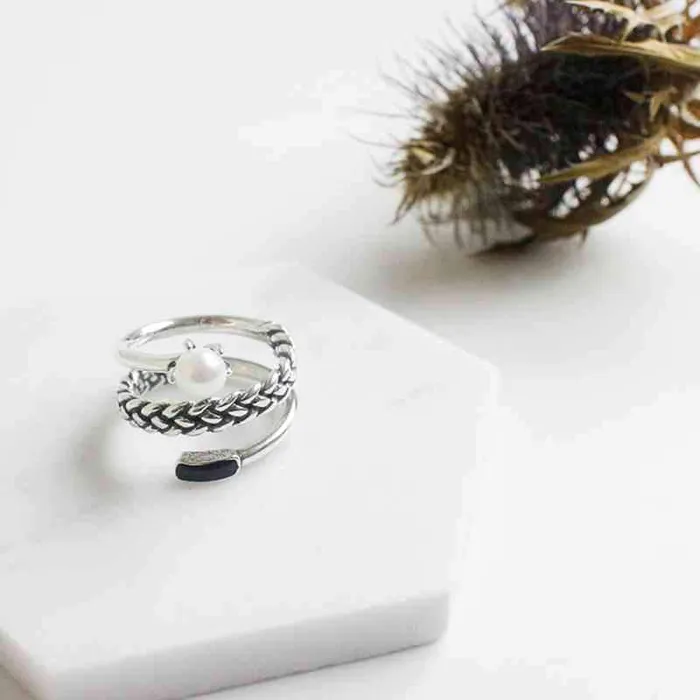 New Women Real 925 Sterling Silver Ring Old Twist Open Ring with Simulated Pearl Vintage Style Jewelry Gift Personalized Jewel Rings