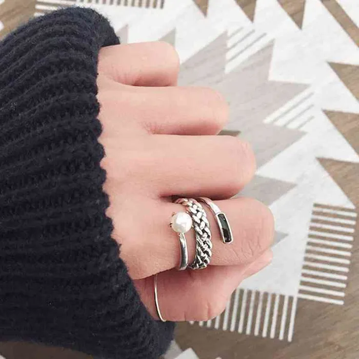 New Women Real 925 Sterling Silver Ring Old Twist Open Ring with Simulated Pearl Vintage Style Jewelry Gift Personalized Jewel Rings