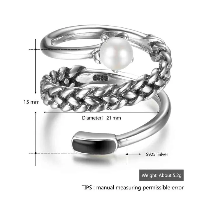 New Women Real 925 Sterling Silver Ring Old Twist Open Ring with Simulated Pearl Vintage Style Jewelry Gift Personalized Jewel Rings