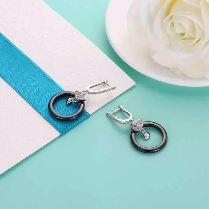 Personalized Jewel Earrings Sterling Silver Female Drop Earrings Trendy Black Round Ceramic Dangle Earrings Jewelry Gift