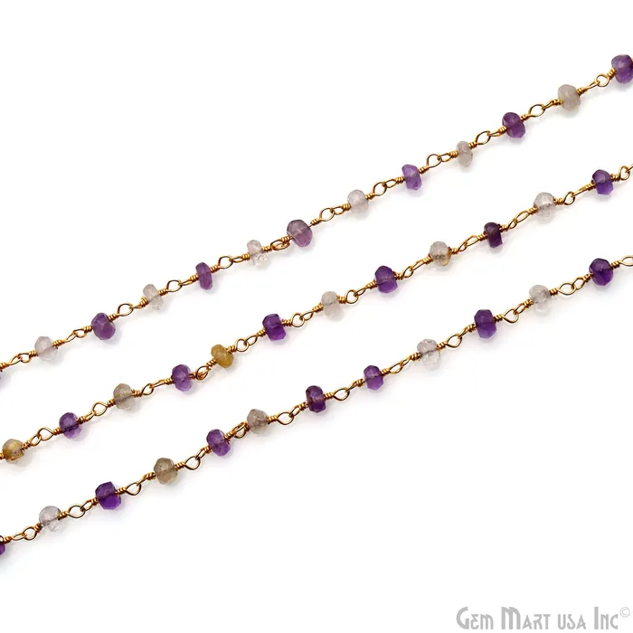 PreStyled Sets Amethyst Golden Rutile Beads 335mm Gold Plated Wire Wrapped Rosary Chain GemMartUSA