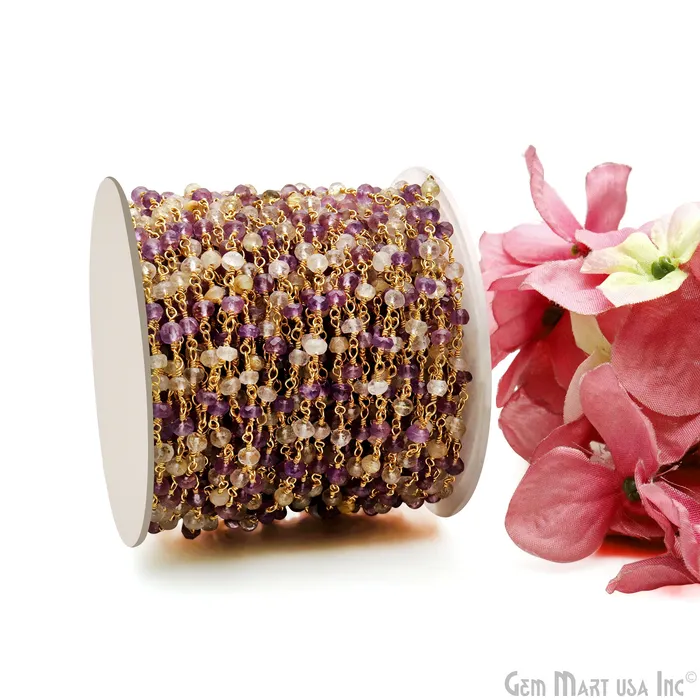 PreStyled Sets Amethyst Golden Rutile Beads 335mm Gold Plated Wire Wrapped Rosary Chain GemMartUSA