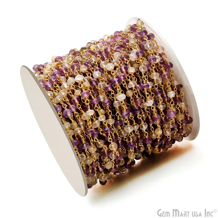 PreStyled Sets Amethyst Golden Rutile Beads 335mm Gold Plated Wire Wrapped Rosary Chain GemMartUSA