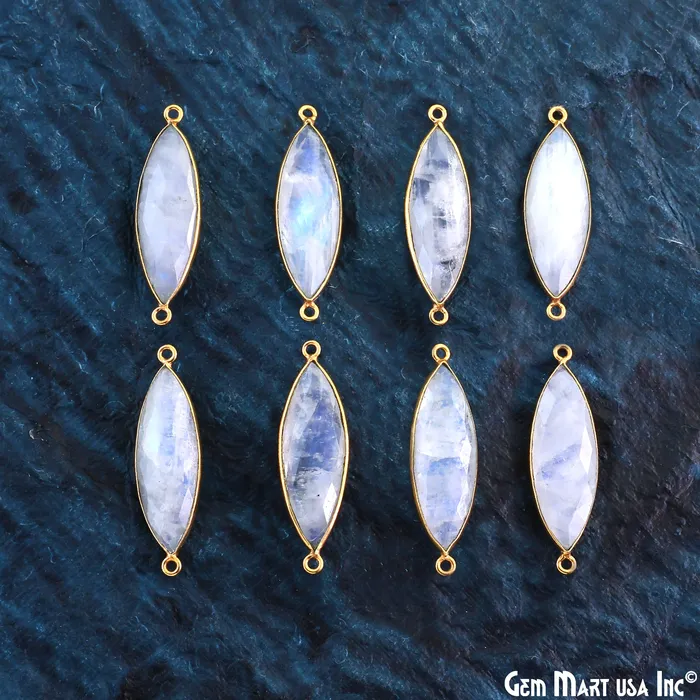 Rainbow Moonstone Marquise 38x11mm Gold Plated Double Bail Gemstone Connector GemMartUSA PreStyled Sets