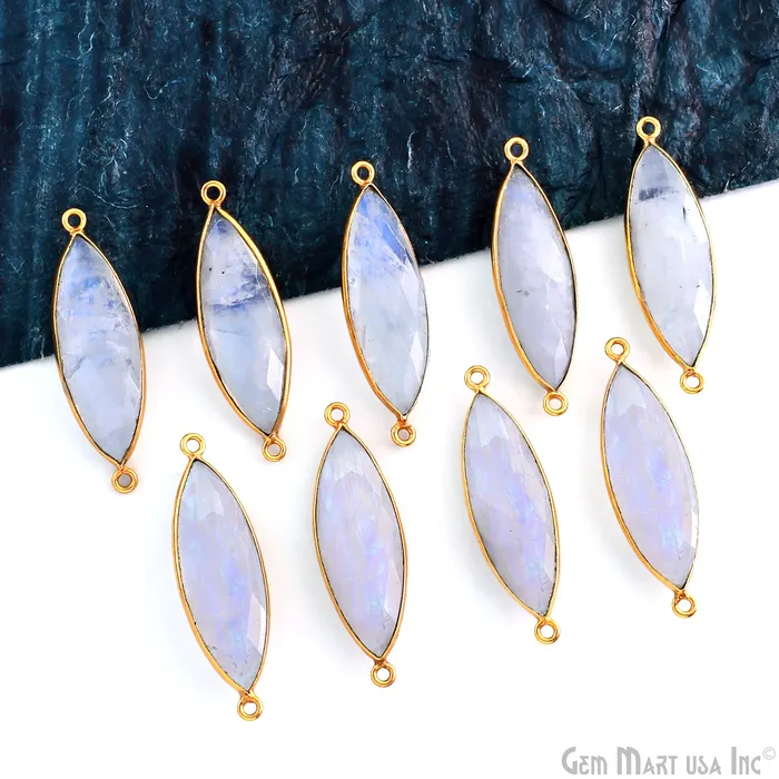 Rainbow Moonstone Marquise 38x11mm Gold Plated Double Bail Gemstone Connector GemMartUSA PreStyled Sets