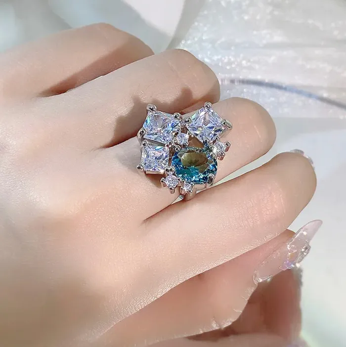 Rings Minx London Womens Big Diamond Ring Womens Statement Ring Aquamarine Diamond Ring Blue Diamond Ring Blue Tourmaline Ring Blue Gemstone