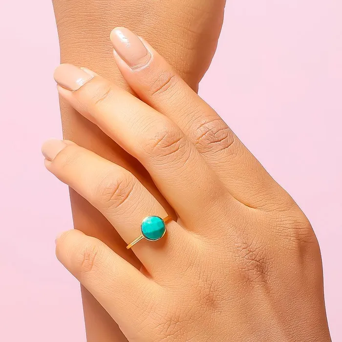 Rings YoTreasure 203 Ct Turquoise Solid 10k Yellow Gold Ring Jewelry