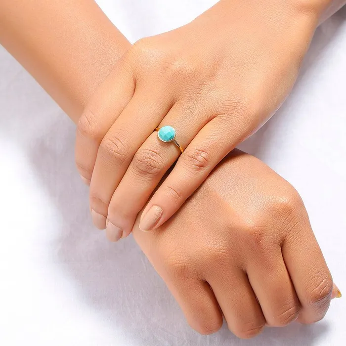 Rings YoTreasure 203 Ct Turquoise Solid 10k Yellow Gold Ring Jewelry
