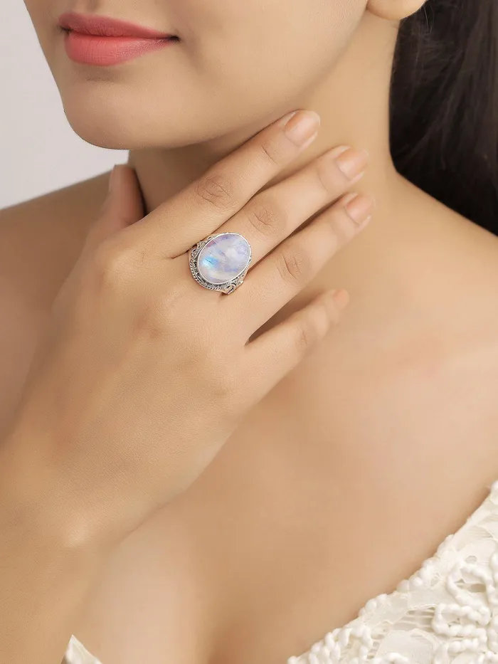 Rings YoTreasure Rainbow Moonstone Solid 925 Sterling Silver Ring Jewelry