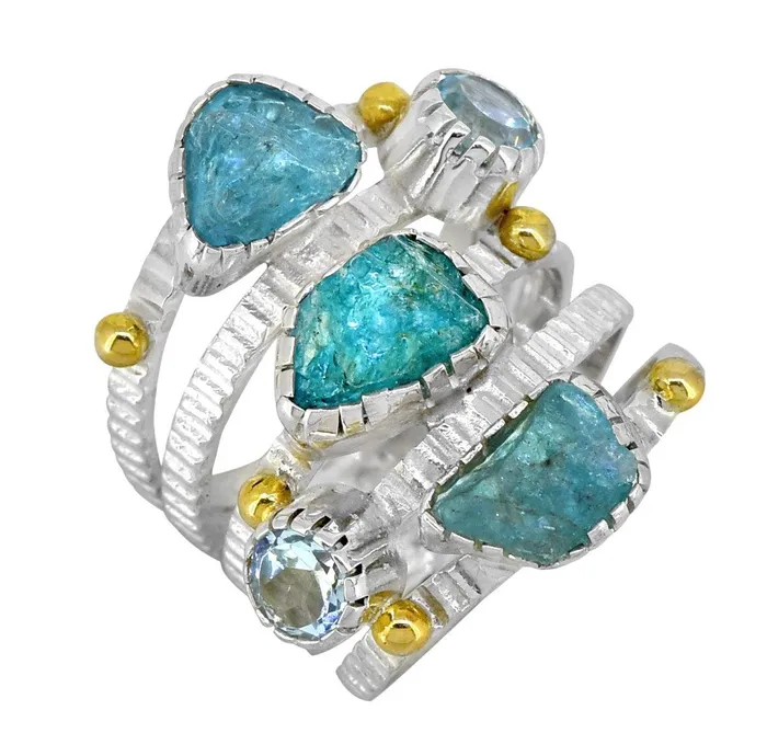 YoTreasure Raw Neon Apatite Solid 925 sterling Silver Brass Two Tone Bypass Ring Jewelry Rings