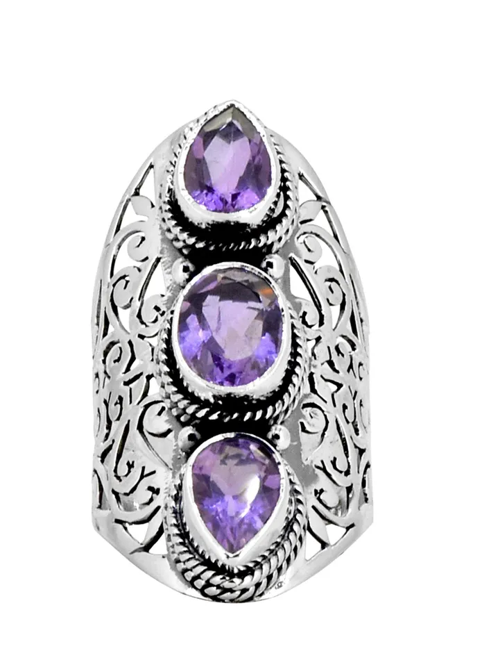 YoTreasure Rings Amethyst Solid 925 Sterling Silver Designer Filigree Ring Jewelry