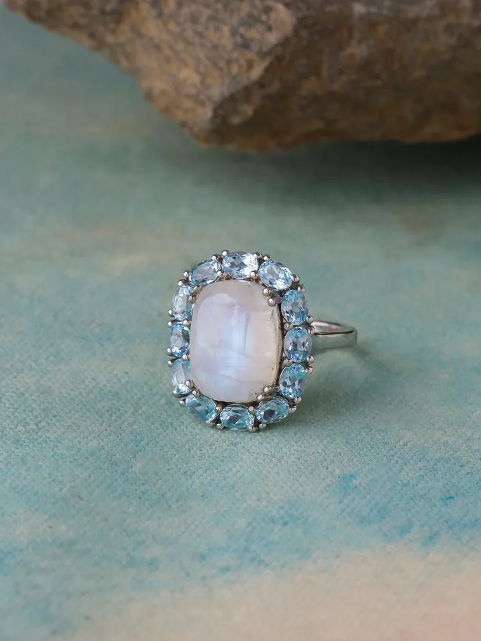 YoTreasure Rings Rainbow Moonstone Sky Blue Topaz Solid 925 Sterling Silver Cluster Ring Jewelry