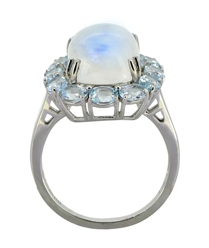 YoTreasure Rings Rainbow Moonstone Sky Blue Topaz Solid 925 Sterling Silver Cluster Ring Jewelry